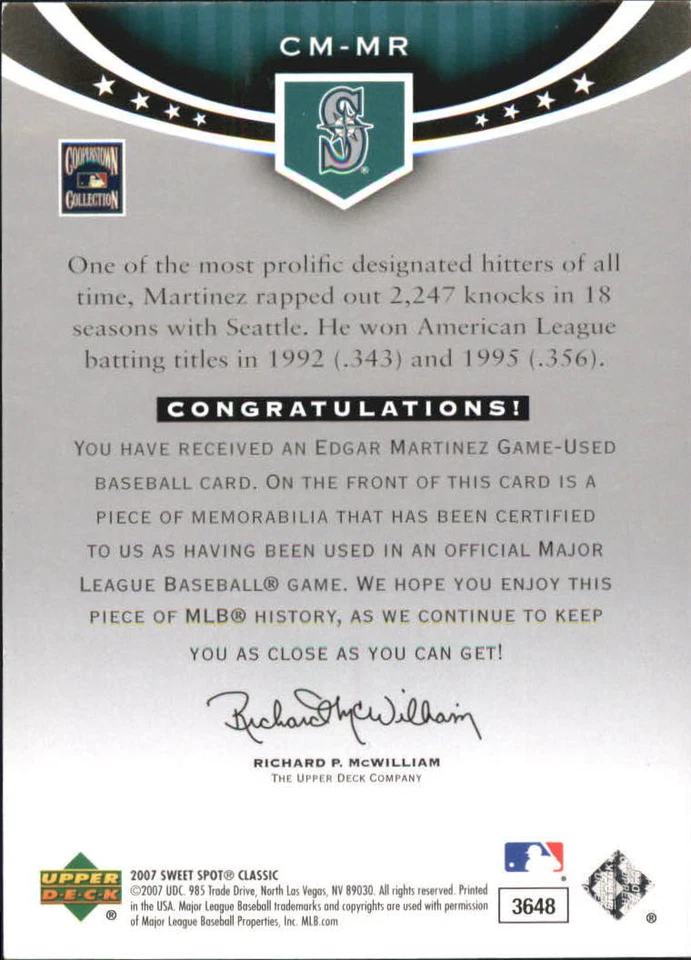 2007 Upper Deck Sweet Spot Classic Classic Memorabilia #CMMR Edgar Martinez - Image 2 of 2
