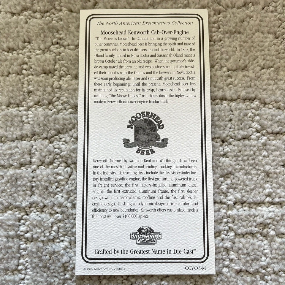 火柴盒收藏品 Kenworth Cab-Over-Engine 半 MOOSEHEAD 1: 100 CCY03M 状况完好 — 第 4/4 张图片
