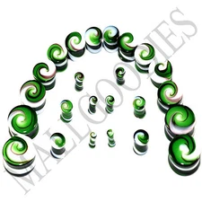 V098 Double Flare Green White Swirl Glass Saddle Plugs Spiral 6G to 7/8"