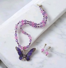 Handcrafted Little Girls Or Choker Beaded Necklace Earring Set Purple Butterfly