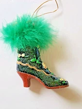 Glitter High Heel Victorian Boot Ornament Flowers Green Feathers 3.5" Holiday
