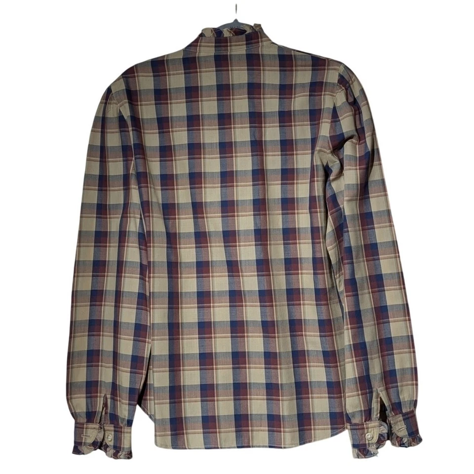 Camisa para mujer Villager de colección marrón azul marino a cuadros con volantes cuello y puño abotonada 14 Foto 2 de 4