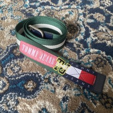 Rare 90s Y2K Tommy Jeans Green Fabric Belt Mens 41 c 2 Green White Pink Logo