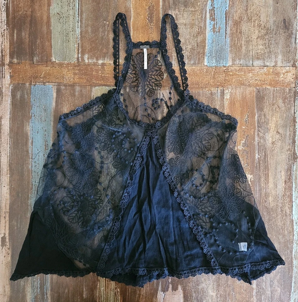 Camiseta sin mangas Poof negra de encaje transparente aline halter boho festival gitana talla grande ¡SEXY! Foto 2 de 4