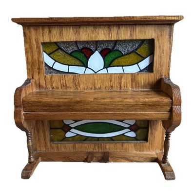 Wooden Upright Piano Music Box Stained Glass Plays Song Oh Susanna Glory Land