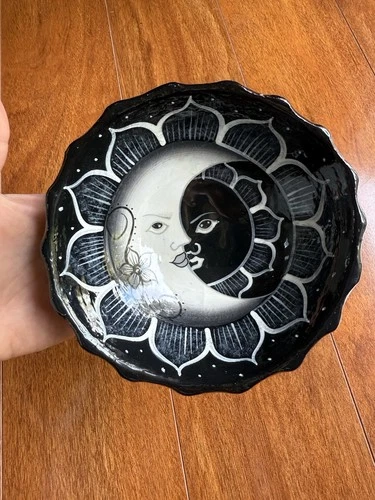 Sun & Moon Face Eclipse Pottery Trinket Bowl Folk Art Black & White Hand Painted