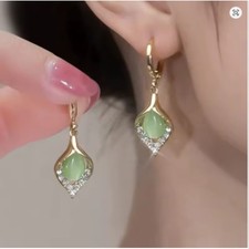 Women  s Gold Hoop Earrings Green Crystal Drop Dangle Elegant Fashion Jewelry New