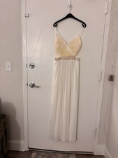 White And Gold Prom Dress With Beaded Waist And Lace Bust - Size 3
