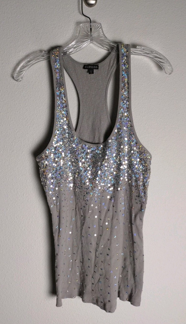 Express Gray Dazzling Rainbow Sequin Racerback Ta… - image 1