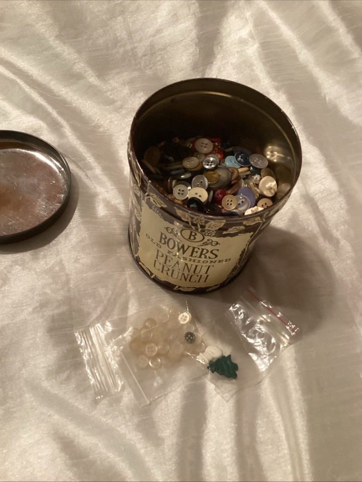 Vintage Metal Tin Can Full Of Buttons Bowers Peanut Crunch Can 1 Pound ...