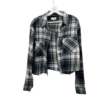 Thread & Supply Plaid Cropped Button Up Top Frayed Green/Multi Size Medium