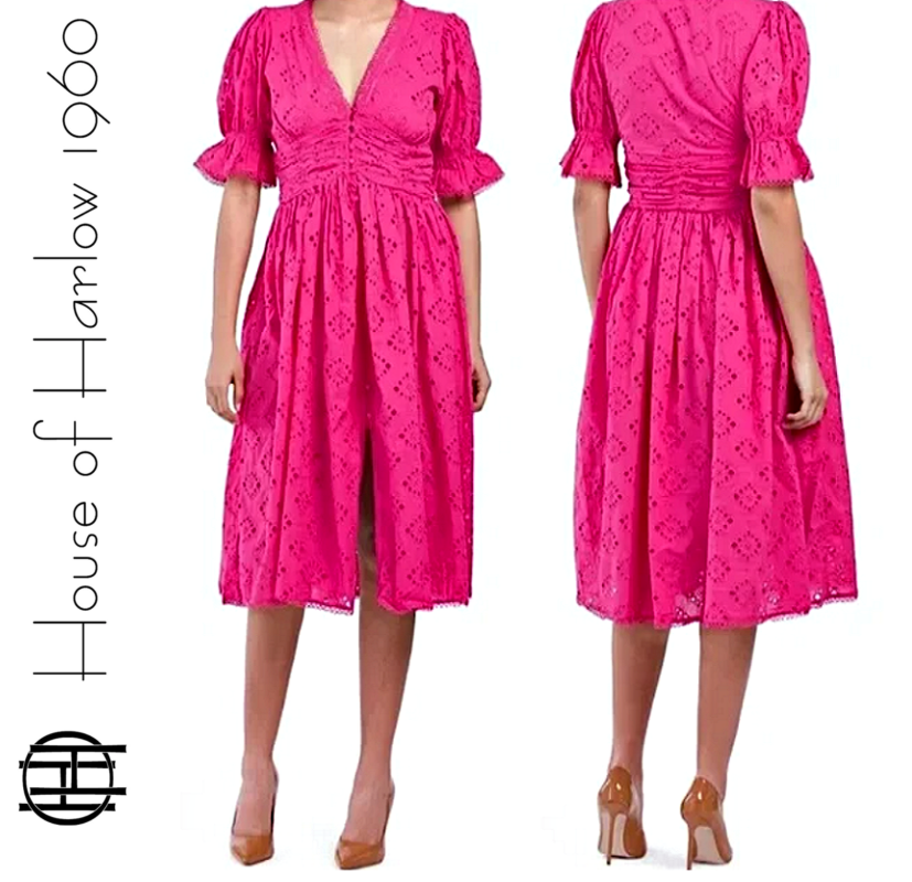 HOUSE OF HARLOW Cotton Eyelet Lace Trim Midi Dress in Hollyhock Pink sz XS  $248