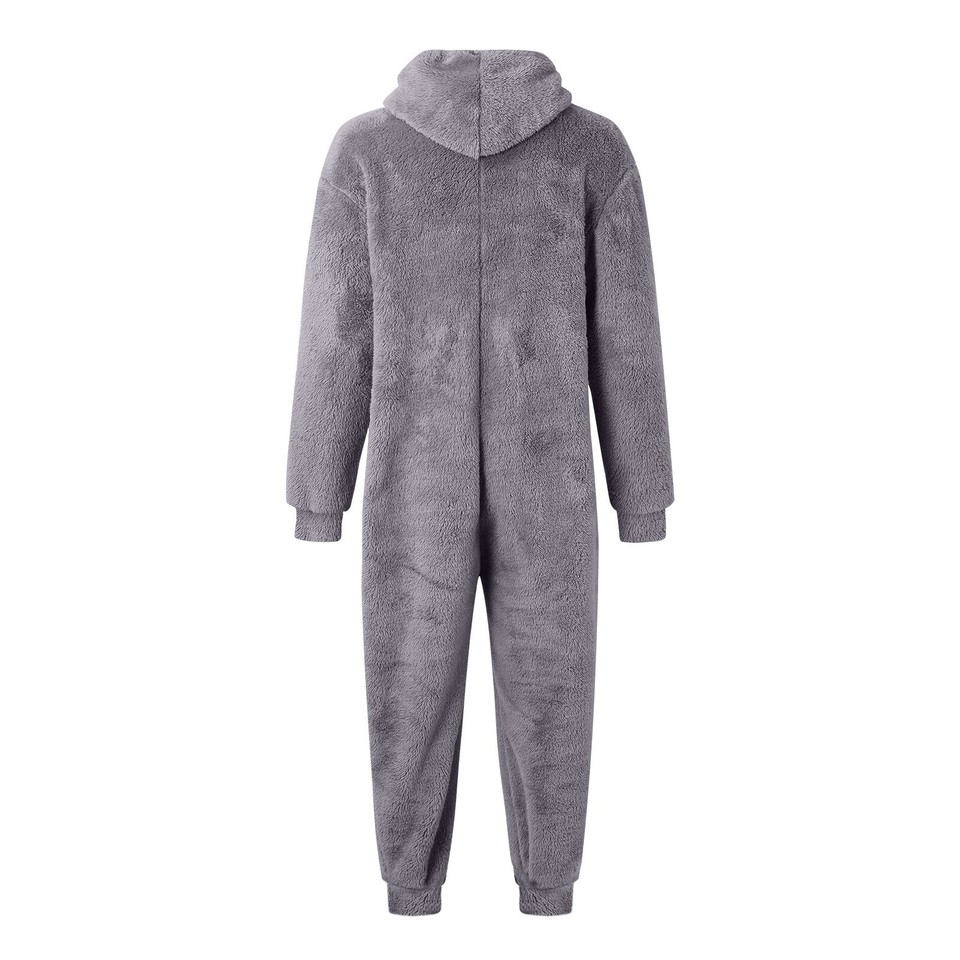Men Fuzzy Sherpa Hooded Jumpsuits Zipper Fleece Pajama Playsuit Winter