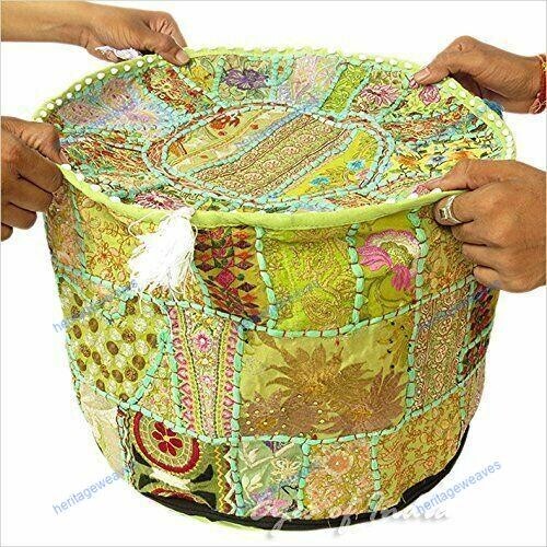 Cotton Bohemian Floral Poufs Foot Stool Embroidered Indian Ottoman - Picture 3 of 5