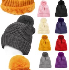 Womens Winter Fleece Thick Soft Stretch Knit Pom Pom Beanie Hat