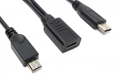 USB 3.1 Y Kabel 25 cm Typ C Buchse zu 2x 2.0 Micro B Stecker Adapter in Schwarz	