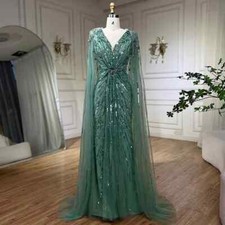 Turquoise Evening Dresses with Beaded Cape Sleeves Design Wedding Party Gowns