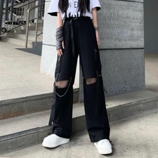 Women Wide Leg Pants Ripped Steampunk Cargos Straight Trouser Chain Harajuku