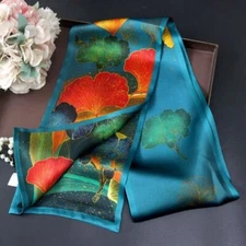 100% Mulberry Silk Shawl Leaves Print Double Layer Neck Oblong Scarf Turquoise