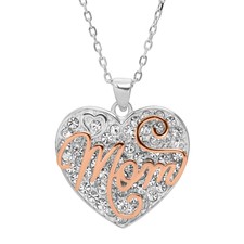 'Mom' Two-Tone Crystal Heart Pendant in Rose Gold Plated Sterling Silver, 18"