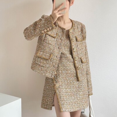 short tweed coat dress Tweed Jacket Mini Dress with Pockets - Tailored Fit, Black White Tweed
