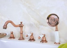 Antique Red Copper Bathtub Faucet Deck Mounted 3 Handles Tub Tap W/Hand Shower