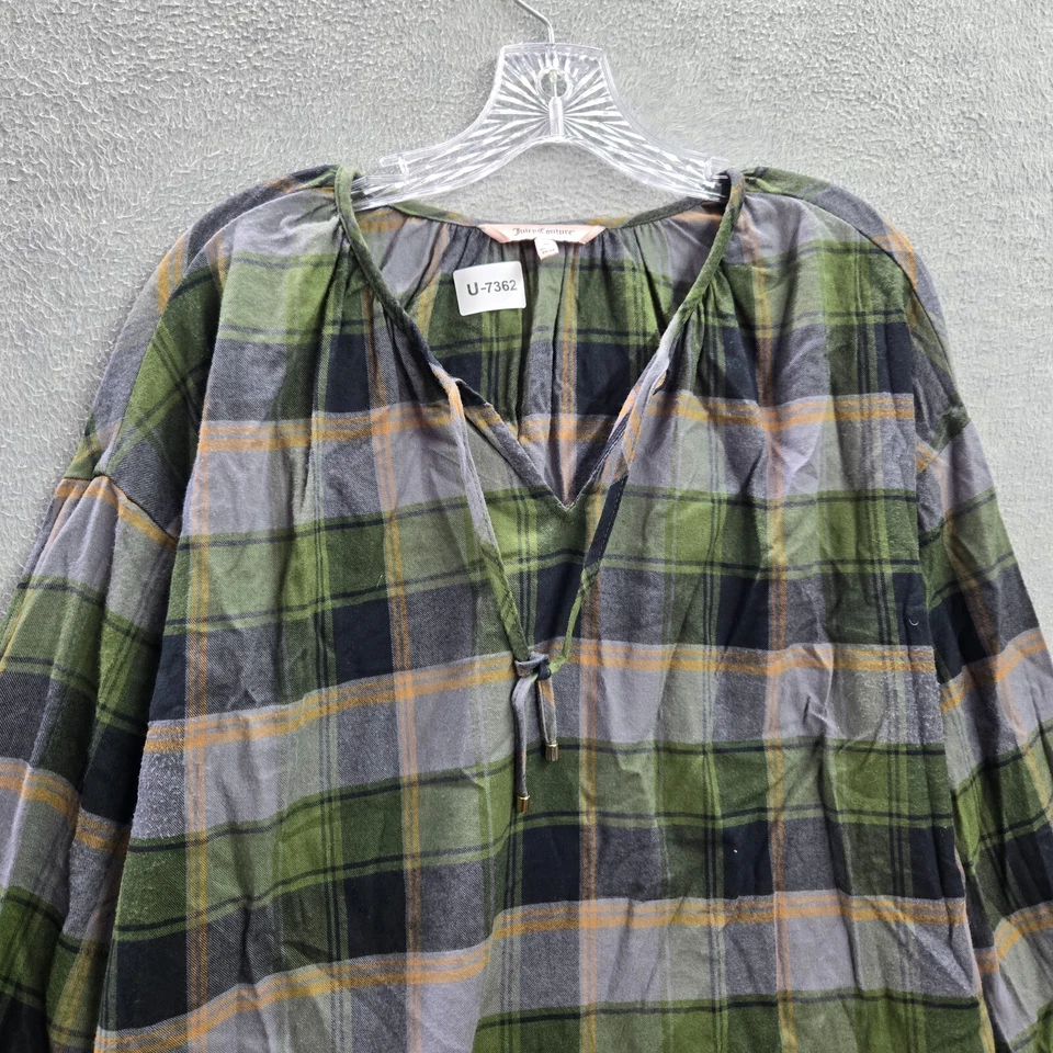Blusa Juicy Couture Mujer Top M Verde Franela a Cuadros Manga Larga Cuello en V Foto 3 de 4