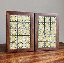 Pair Vintage Martz Marshall Studios Pottery Tile & Walnut Bookends, MCM Modernis