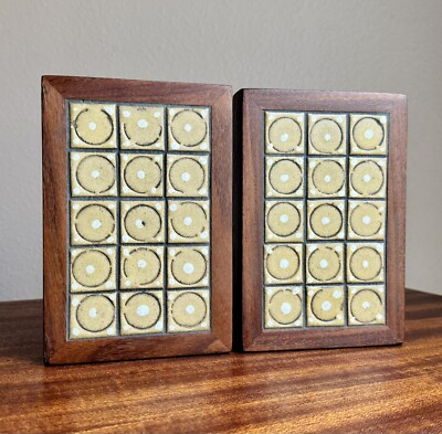 Pair Vintage Martz Marshall Studios Pottery Tile & Walnut Bookends, MCM Modernis
