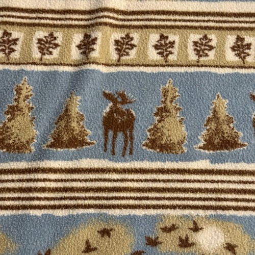 Woolrich Sherpa Fleece Blanket Moose Cabin Outdoor Trees Brown Blue 50” x 70” - Picture 2 of 5