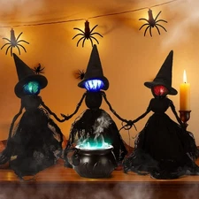  4 Pcs Halloween 3 Witches Decorations Indoor with Cauldron Light up Witches 