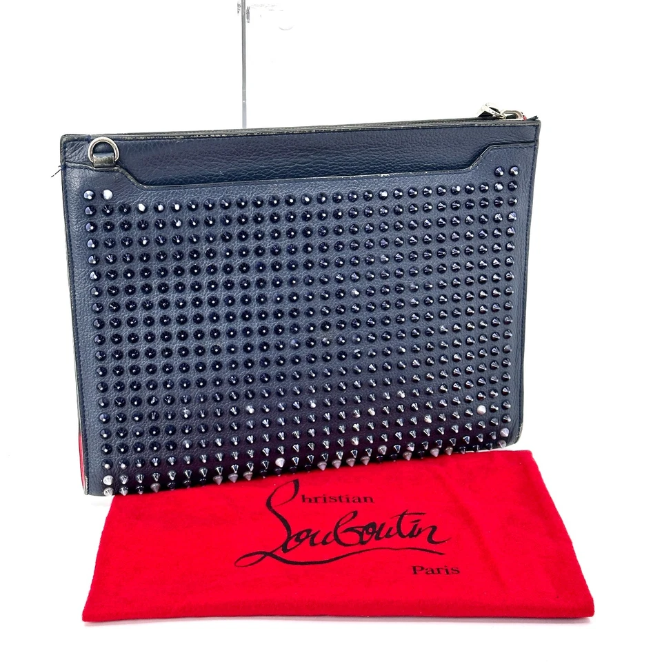 Christian Louboutin Leather Spiked Studded Clutch Bag Blue Navy Unisex Pouch - Image 2 of 4