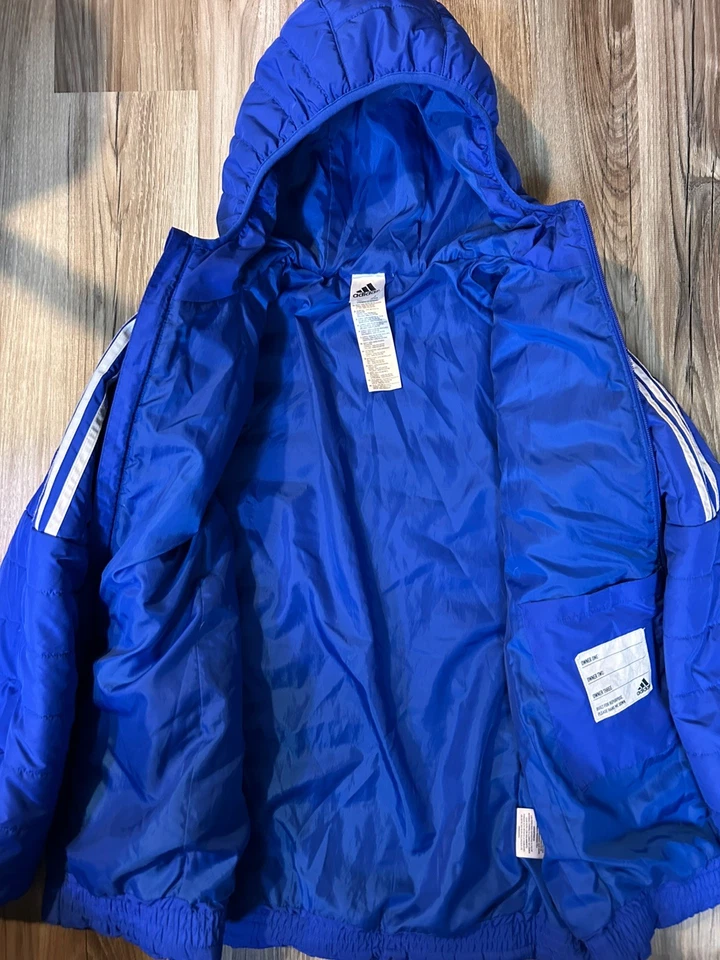 Chaqueta Adidas Juvenil Grande 14/16 Azul Abrigo Abombado con Capucha Cremallera Completa 3 Rayas Foto 4 de 4