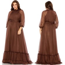 Mac Duggal High Neck Puff Sleeve Tiered Plus Gown Chocolate Brown 68426 18W New