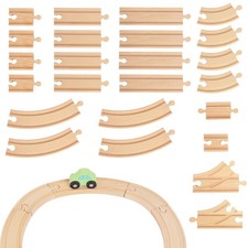 Wooden Train Tracks 24 Piece Set, Track Expansion and 9 Distinct Pieces - 100...