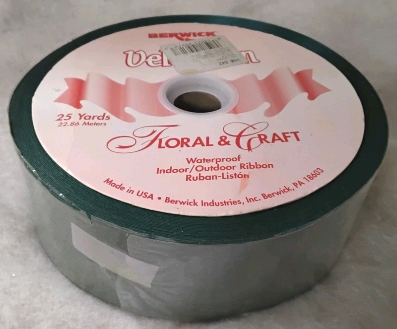 25+ Yds Vintage Berwick Velveteen Floral GREEN Waterproof Indoor/Outdoor Ribbon