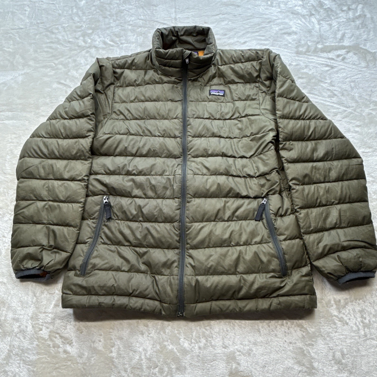 Patagonia Boys Goose Down Puffer Jacket Size L Olive Green (wear See Pics)