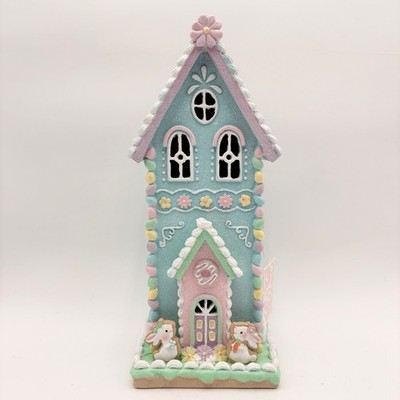 Easter Gingerbread House Lighted Decor Bunny Rabbit Tabletop