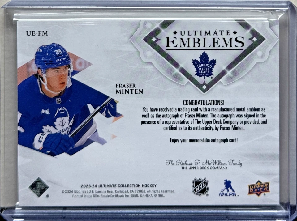2023-24 Upper Deck Ultimate Fraser Minten Emblems Rookie Auto - Image 2 of 2
