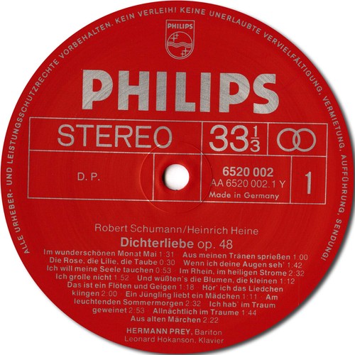 HERMANN PREY Baritone SCHUMANN Dichterliebe SCHUBERT 8 Songs PHILIPS Red/Silver - Imagen 3 de 3