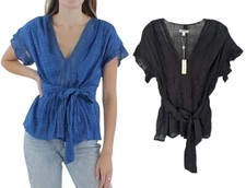 Max Studio Women's Ruffle Sleeve Blouse Top w/ Tie V-Neck Sheer Size M Black