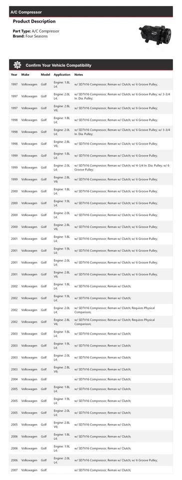 Compresor de aire acondicionado para Volkswagen Golf 1997-2007 4 estaciones 1998 1999 2000 2001 2002 Foto 2 de 4