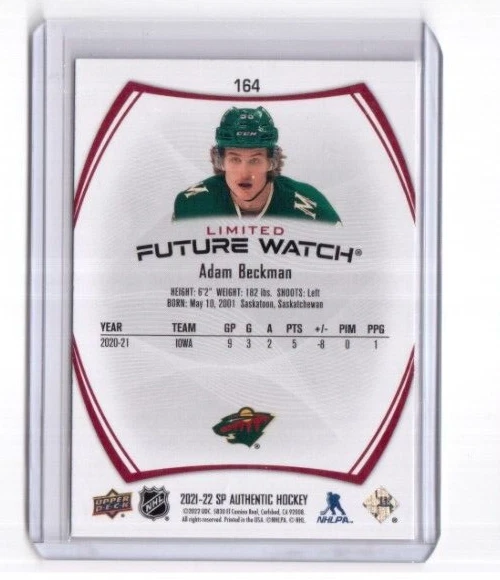 2021-22 SP Authentic Limited Red Future Watch # 164 Adam Beckman Minnesota Wild - Image 2 of 2