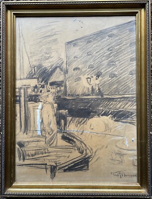 Knut Hansen 1876-1926 Angler in Boat at Port Copenhagen Denmark Mixed Media 