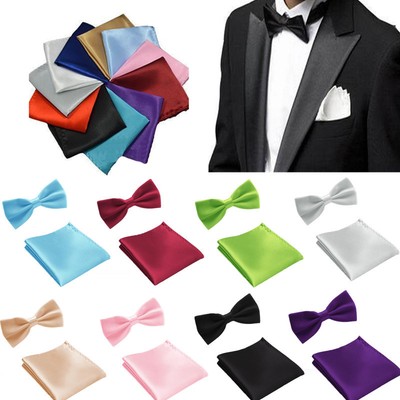 Mens Silk Bowtie Brown Solid Adjustable Pre-tied Bow Tie Hanky Pocket Square Set