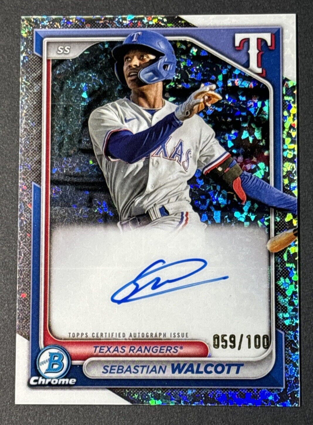 2024 Bowman Chrome Sebastian Walcott CPA-SW Rangers Mini Diamond Auto 59/100
