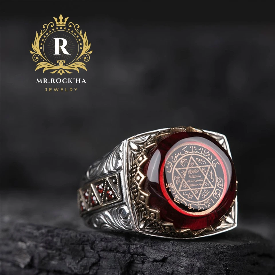 Selo de Salomão, Pedra Âmbar Vermelha, Arte de Gravura Feita à Mão, Anel Masculino de Prata 925 K - Imagem 4 de 4