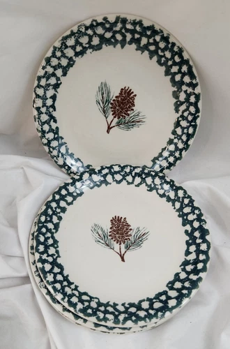 Tienshan Folk Craft PINE CONE Salad Plates 7 3/4" Green Sponge Set Of 4 Retired