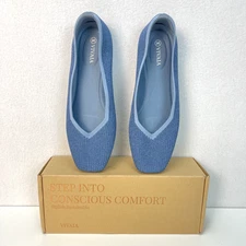 Vivaia Margot Walker 2.0 Square Toe V Cut Flats Denim Blue Ballet EU 40 US 9