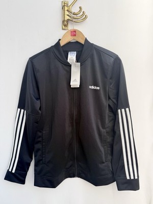 Adidas Back 2 Basics Trainingsjacke schwarz weiß 3 Streifen durchgehender Reißverschluss Damen UK 16/18